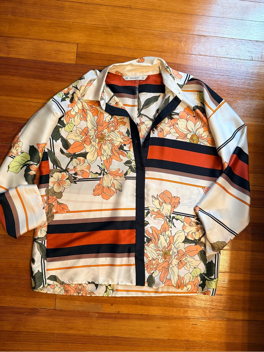 Zara Cream Floral Stripe Shirt with Orange & Navy Accents